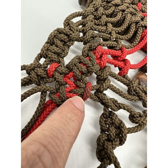Macrame Wall Hanging Boho Wood Rod Green Red Brown Beads Striped Rope Art Nylon - Picture 5 of 7